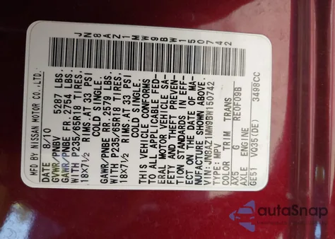 2011 Nissan Murano Sv из США, поврежденный, VIN JN8AZ1MW9BW150742